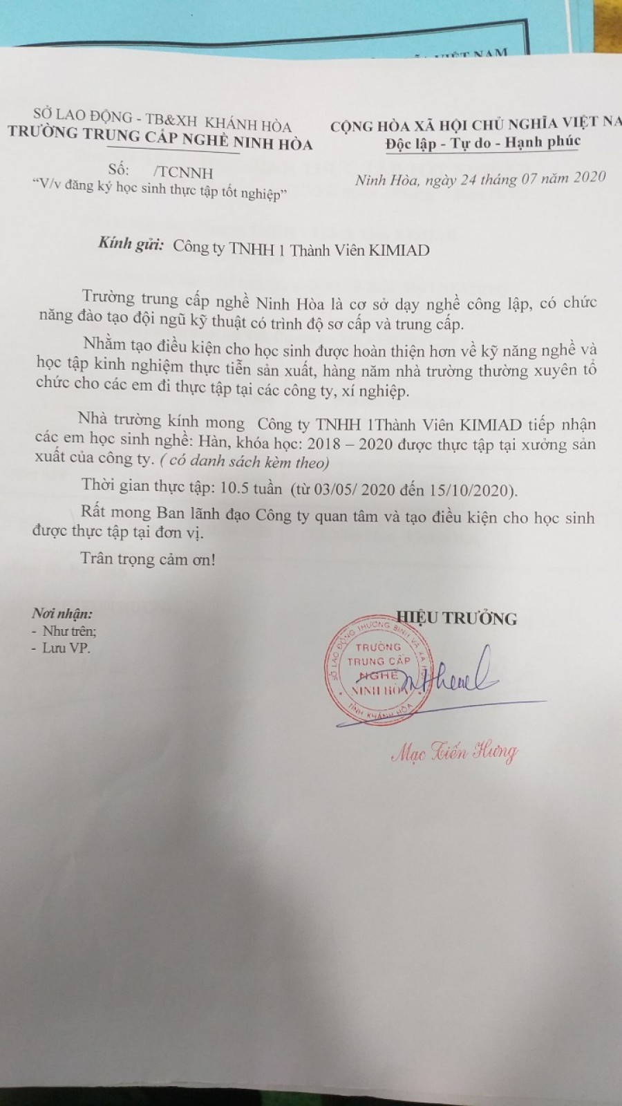 Đào tạo thực tập sinh Trường trung cấp nghề Ninh Hòa