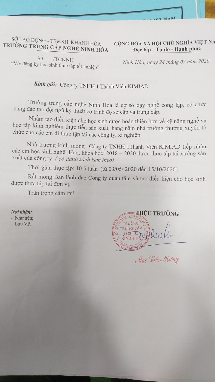 Đào tạo thực tập sinh Trường trung cấp nghề Ninh Hòa